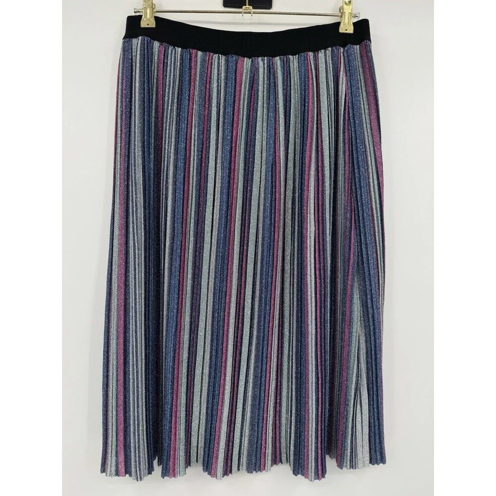 Unique Vintage Micro Pleated Metallic Multi Stripe Full Midi Skirt M Retro Glam - Picture 2 of 8
